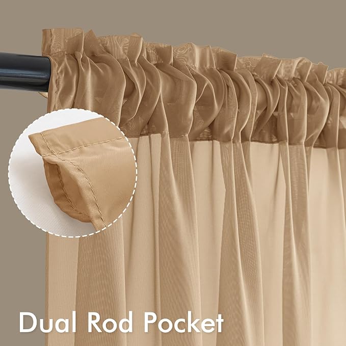 MIULEE Brown Sheer Curtains 84 Inches Long, 4 Panels Set, Rod Pocket Voile Drapes Light Filtering and Semi Transparent, Elegant Window Treatments for Bedroom Living Room,54 x 84 Inches