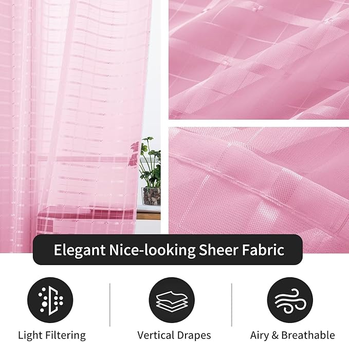 SpaceDresser Check Sheer Curtains 90 Inches 2 Panels Set, Rod Pocket Plaid Window Curtain for Living Room, Pink Semi Sheer Drapes for Kitchen Bedroom Children Room Yard（Pink, 52W x 90L）