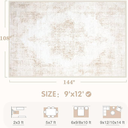 Area Rug 9x12 Vintage Rugs: Large Washable Living Room Rug Retro Medallion Distressed Soft Low Pile Non-Slip Rugs Indoor Floor Carpet for Bedroom Dining Table Office (Beige,9'x12')