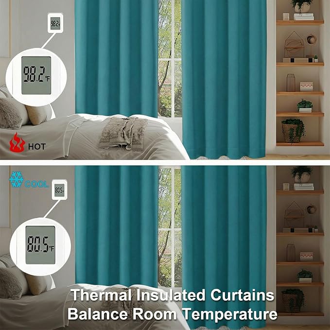 Simplebrand Ava Teal Blackout Curtains for Bedroom 72 Inch Length 2 Panels Set, Privacy Thermal Insulated Rod Pocket Door Window Curtains for Patio French Door Front Door, W40 x L72 Inch