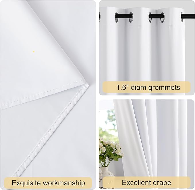 NICETOWN White 100% Blackout Cafe Curtains 48 inches Long, Grommet Thermal Window Treatment Full Blackout Curtains for Kitchen/Bathroom, 2 Panels, W52 x L48