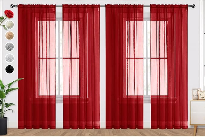 SpaceDresser Christmas Red Sheer Curtains 4 Panels Rod Pocket Semi-Sheer Curtain 90 Inches Long Light Filtering Voile Window Drapes for Bedroom Living Room Kitchen, Each 52W x 90L
