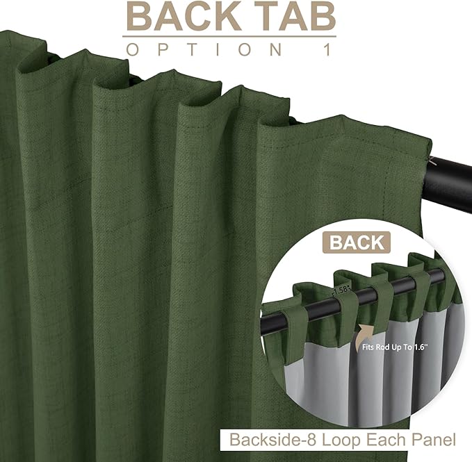 100% Blackout Shield Linen Blackout Curtains for Bedroom 108 Inches Long, Back Tab/Rod Pocket Living Room Drapes, Thermal Insulated Blackout Curtains 2 Panels Set, 50" W x 108" L, Moss Green