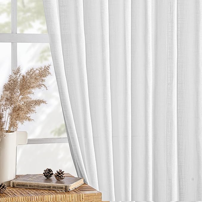 MIULEE White Linen Curtains 105 Inch Long 2 Panels for Bedroom Living Room, Soft Thick Linen Textured Back Tab Window Drapes Semi Sheer Light Filtering Rod Pocket Modern Farmhouse Decor