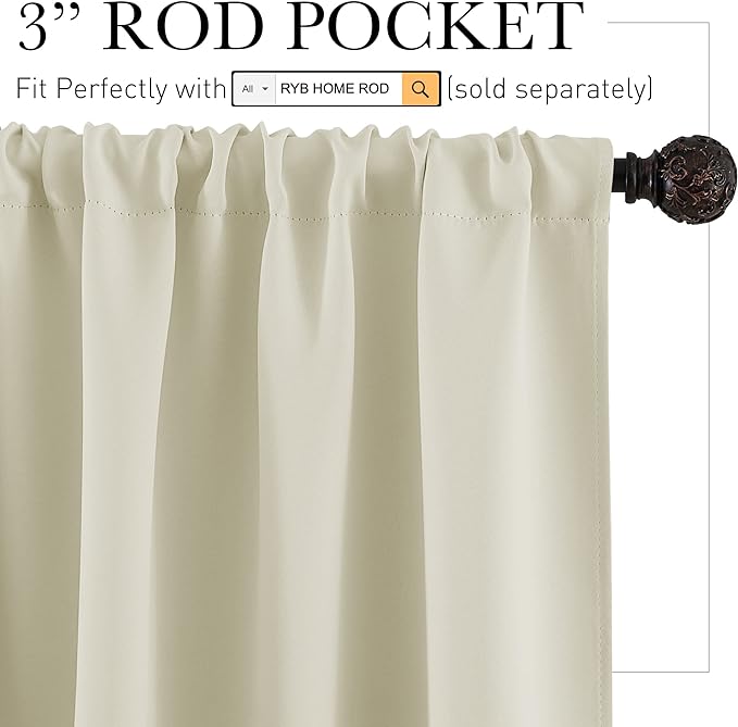 RYB HOME Short Curtains for Small Window, Sunmmer Heat Light Blocking Privacy Protection Curtains for Sunroom Laundry Room Stair Window, Width 52 by Length 36, Beige, Set of 2