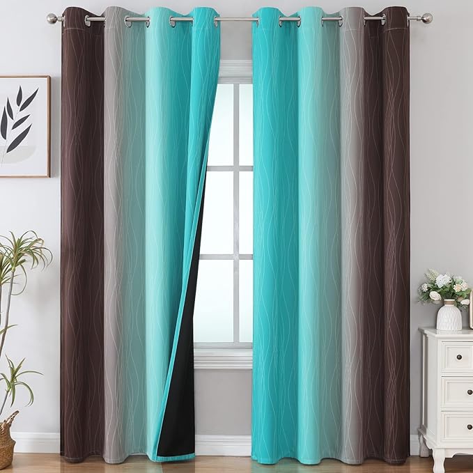 Estelar Textiler Teal and Brown Blackout Curtains for Bedroom, Thermal Insulated Drapes 108 Inches Long, Full Light Blocking Energy Saving Long Curtains for Living Room, 52Wx108L, 2 Panels