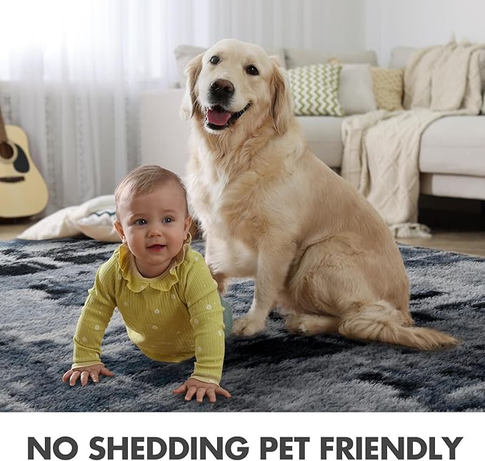 6x9 Ft Large Shag Rugs for Living Room Decor, Tie-Dyed Ultra Soft Fluffy Furry Area Rugs for Bedroom Indoor Floor, Aesthetic Carpet for Kids Home (Blue)