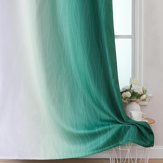 Estelar Textiler Green and Greyish White Blackout Curtains, Full Light Blocking Gradient Grommet Drapes for Living Room, Thermal Insulated Ombre Curtains for Bathroom, 52Wx54L, 2 Panels