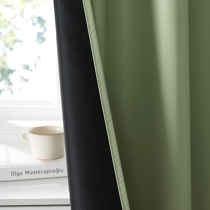 RYB HOME 100% Blackout Short Curtains for Small Window, Thermal Insulated Total Room Darkening Noise Reducing Curtains for Kitchen Bathroom Basement, 42 inches Wide by 48 inches Long, Sage Green