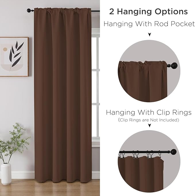 CUCRAF Brown Blackout Curtains 90 inch Length 2 Panels Set, Rod Pocket Room Darkening Drapes for Bedroom Living Room, Insulated Thermal Light Blocking Window Curtain (W52 x L90 Inch)