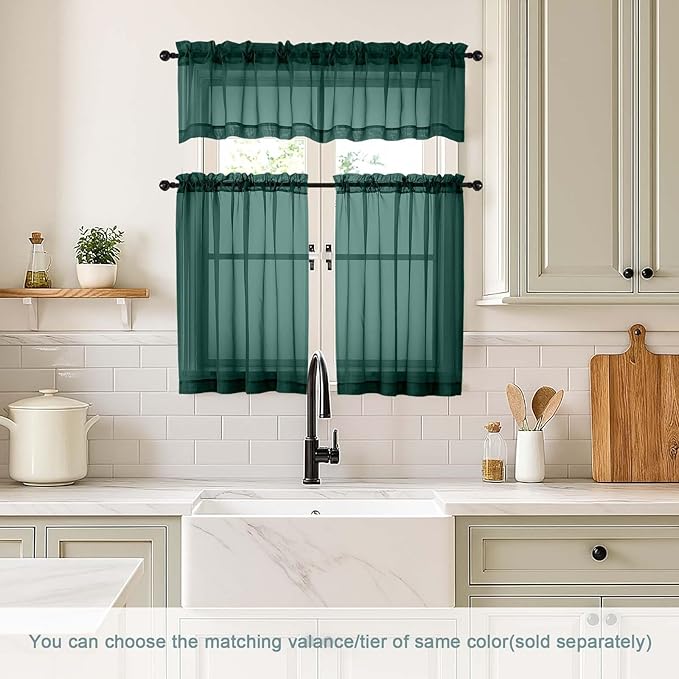 Green Small Sheer Curtains Tier 24 Inches Length 2 Pieces, Light Filtering Cafe Curtains for Living Room Bathroom, Modern Window Treatments Dual Rod Pocket, Hunter Green, 2X42Wx24L Inches