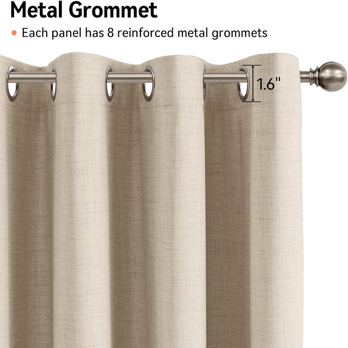 100% Blackout Shield Linen Blackout Curtains for Bedroom, Natural Flax Grommet Curtains for Living Room, Thermal Insulated Room Darkening Drapes for Nursery, Boho Home Decor, 50" W x 96" L, 2 Panels