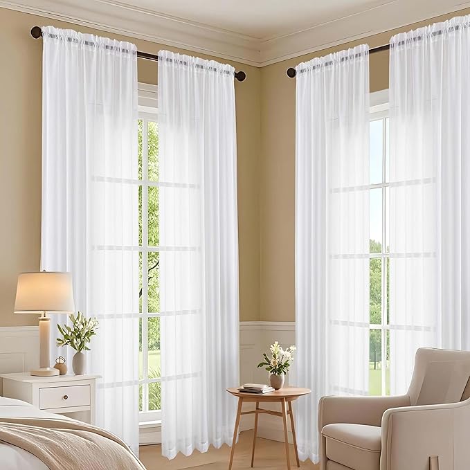 OVZME White Sheer Curtains 63 Inches Long 2 Panels Set, Light Filtering Sheer Curtains for Living Room Bedroom 59 Inch Extra Wide, Modern Voile Filmy Rod Pocket Window Drapes, 59Wx63L Inches