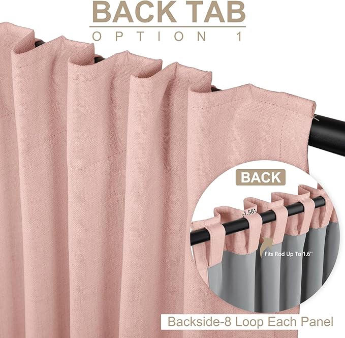 100% Blackout Shield Linen Blackout Curtains for Bedroom 120 Inches Long, Back Tab/Rod Pocket Living Room Drapes, Thermal Insulated Blackout Curtains 2 Panels Set, 50" W x 120" L, Blush Pink
