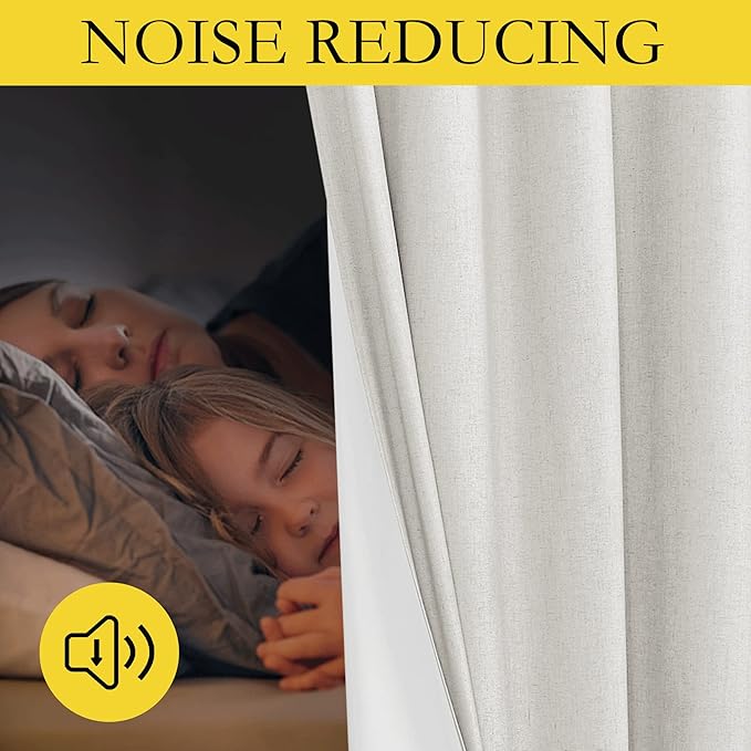 NICETOWN 100% Absolutely Blackout Linen Curtains with Thermal Insulated White Coating, Ivory, W52, 2 Pieces, Noise Reducing Textured Linen Look Curtains for Windows 95 inch Length for Classroom