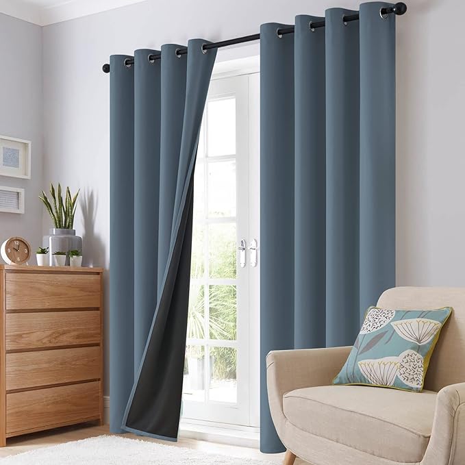 SimpleHome 100% Blackout Curtains for Bedroom,Thermal Insulated Stone Blue Grommet Window Drapes Room Darkening Curtains for Living Room with Black Back,62 x 84 Inch,2 Panels