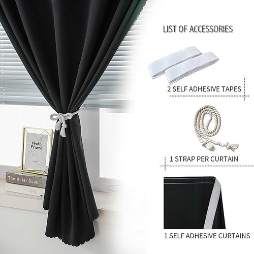 Adhesive Blackout Curtains- Self Stick Curtain No Rod Needed Easy to Hang Curtain, Use for Bedroom, Living Room, Dining Room, Kitchen, 47" W X 96" L, Black, 1 Panel