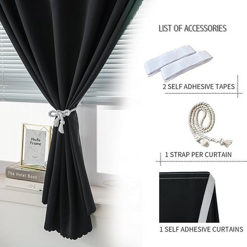 Adhesive Blackout Curtains- Self Stick Shades Window Blinds Curtains No Rod Needed Easy to Hang Curtains, Use for Bedroom, Living Room, Dining Room, Kitchen, Home Office, 35"W X 79"L, Black, 1 Panel