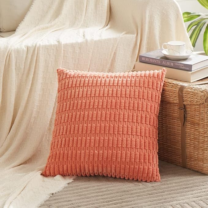 Fancy Homi 4 Packs Boho Coral Decorative Throw Pillow Covers 14x14 Inch for Living Room Couch Bed Sofa, Rustic Modern Farmhouse Home Decor, Soft Plush Corduroy Peach Cute Square Cushion Case 35x35 cm