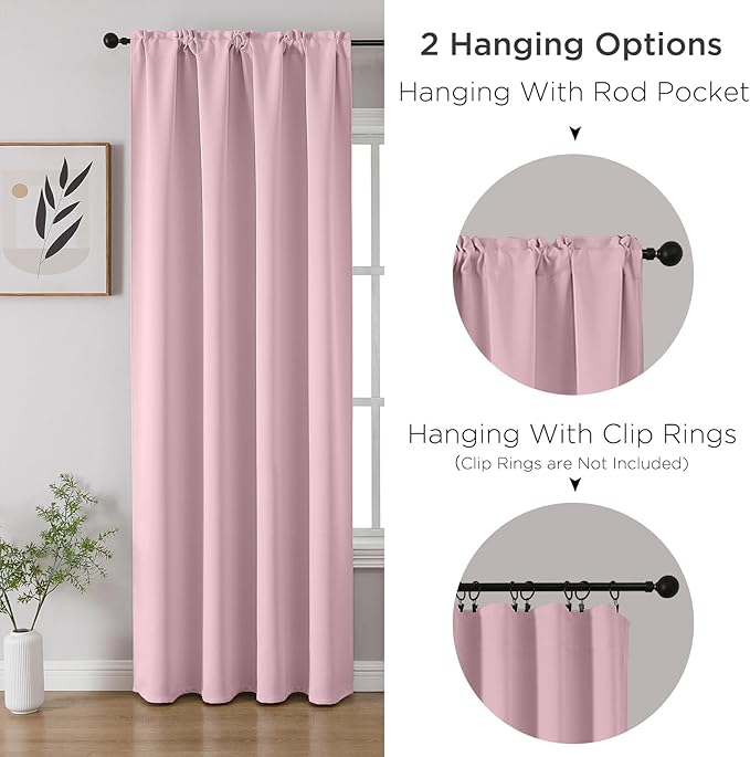 CUCRAF Light Pink Blackout Curtains 72 inch Length 2 Panels Set, Rod Pocket Room Darkening Drapes for Bedroom Living Room, Insulated Thermal Light Blocking Window Curtain (W52 x L72 Inch)