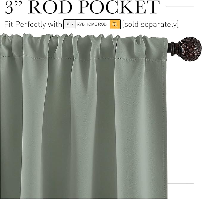 RYB HOME Blackout Bathroom Window Curtains, Short Thermal Insulated Heat Blocking Rod Pocket Half Window Curtain Tiers for Nursery Bedroom, Width 42 by Length 30, Greyish Green, 2 Panels