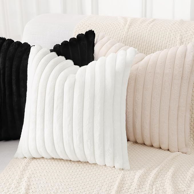 decorUhome Summer Cozy Faux Fur Throw Pillow Covers 26x26 Set of 2 Decorative Soft Plush Striped Modern Farmhouse Boho Couch Euro Sham Pillow Cases with Velvet Back for Sofa Bed Living Room, White