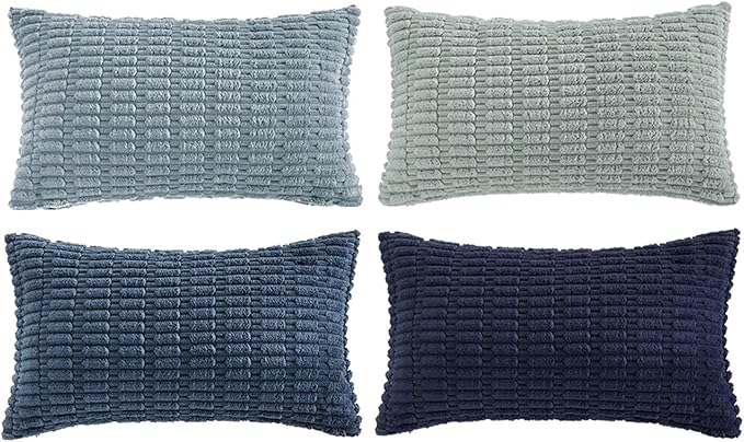 Fancy Homi Set of 4 Blue Lumbar Rectangle Decorative Throw Pillow Covers 14x24 Inch for Couch Bed Chair, Farmhouse Boho Room Decor, Soft Fuzzy Thick Corduroy Textured Coastal Blue Cushion Case 35x60cm