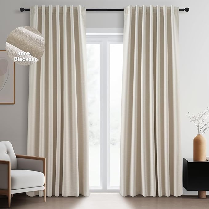 Topfinel 105 Inch Linen Blackout Curtains for Living Room, Modern Neutral Burlap Black Out Thermal Noise Cancelling Curtains，tan Tab Top Rod Pocket 2 Panels Set for Sliding Glass Doors Bay Window