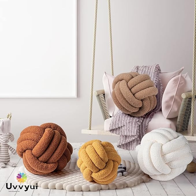 Uvvyui Knot Pillow Ball, Soft Home Decorative Pillows, Round Throw Pillow, Handmade Knotted Plush Pillow, Round Boucle Pillow Cushion (8.6 Inches Khaki)