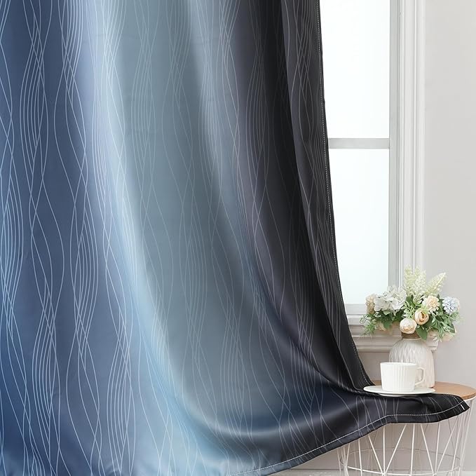 Estelar Textiler Navy Blue and Black Ombre Blackout Curtains 84 Inches Long 2 Panels, Thermal Insulated Gradient Drapes for Bedroom, Full Room Darkening Energy Saving Curtains for Living Room,52Wx84L