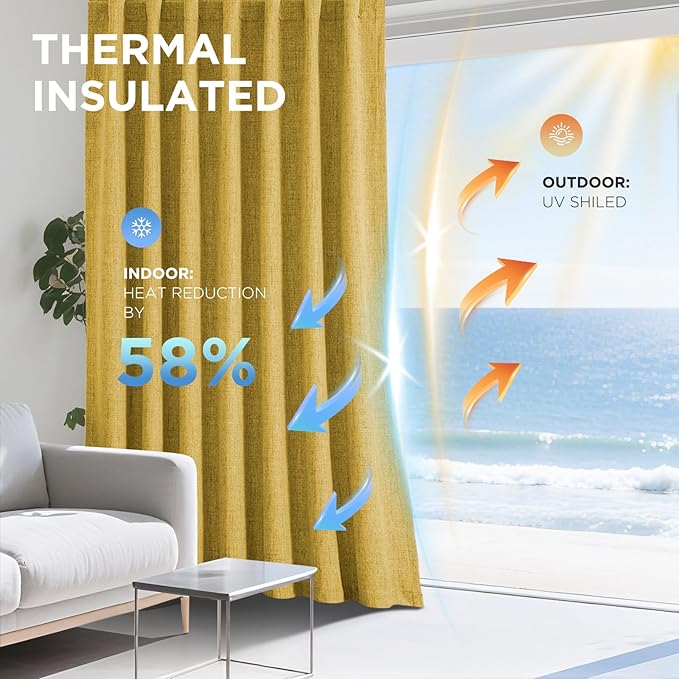 Joydeco Linen Blackout Curtains for Bedroom - 100% Light Blocking 1 Panels, Yellow Drapes 70" W x 108" L, Thermal Insulated Room Darkening Curtains for Living Room, Rod Pocket & Back Tabs