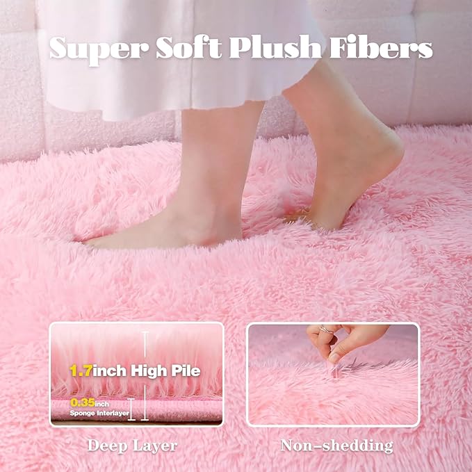 Pink Rugs for Bedroom Girls: 8x10 Fluffy Shag Soft Washable Rug Large Fuzzy Plush Indoor Carpet for Living Room Nursery Playroom Kids Girls Boys Room (Pink, 8'x10')