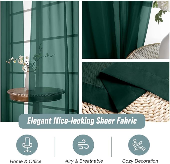 Green Sheer Curtains 84 Inches Long 2 Panels, Elegant Airy Transparent Light Filtering Window Curtains, Window Drapes for Christmas, Top Dual Rod Pocket Design, Hunter Green, 2x42Wx84L Inches