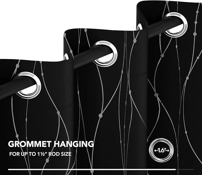 Deconovo Blackout Curtains 63 Inch Length 2 Panels Set, Black Drapes, Thermal Insulated Noise Reducting Privacy Curtain with Silver Print, Grommet Top, Machine Washable Window Panel for Living Room