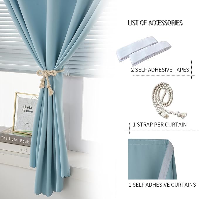 Self Adhesive Curtains, Black Out Shade for Window, Blackout Fabric Temporary Window Coverings Easy to Hang Curtains No Rod Needed, Use for Bedroom, Room, Kitchen, 59"W X 71"L, Lake Blue, 1 Panel