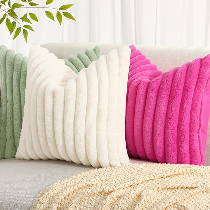 decorUhome Summer Cozy Faux Fur Throw Pillow Covers 18x18 Set of 2 Decorative Soft Plush Striped Modern Farmhouse Boho Couch Pillow Cases with Velvet Back for Sofa Bed Living Room, Hot Pink