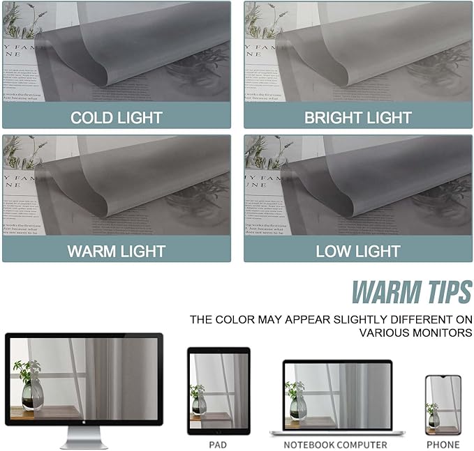 Grey Sheer Curtains for Window 72 inches Long 2 Panels Set, Soft Airy Modern Light Filtering Sheer Curtains for Living Room Bedroom, Dual Rod Pocket Solid Window Drapes, 2x42Wx72L inches