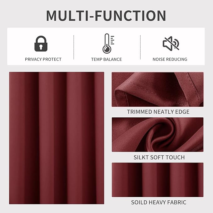 Joydeco Blackout Curtains 72 Inch Length 2 Panels Set, Thermal Insulated Long Curtains 2 Burg, Room Darkening Grommet Drapes for Living Room Bedroom Window (W52 x L72 Inch, Burgundy Red)