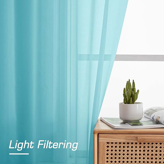 OWENIE Short Aqua Sheer Curtains 36 Inch Length 2 Panels Set, Kitchen Tiers Curtains Light Filter Rod Pocket Voile Cafe Curtain for Basement Bathroom Small Half Window, 42" W x 36" L, Aqua