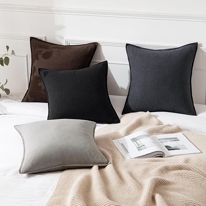 MIULEE Decorative Linen Euro Sham Pillow Covers 26x26 Black Boho Farmhouse Neutral Couch Throw Pillows for Halloween Bed Pack of 2 Accent Modern Pillowcase Sofa Livingroom Home Decor