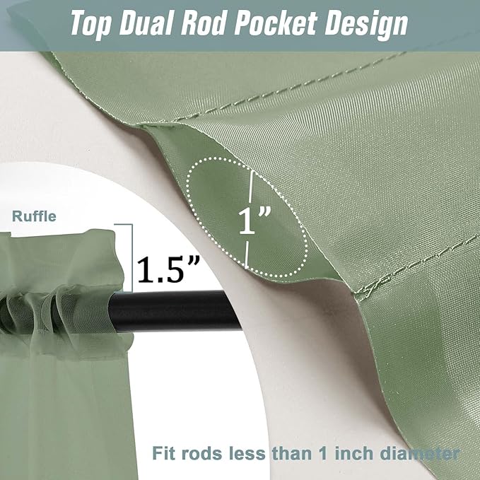 Sage Green Valances for Windows 14 inch Length 2 Panels, Small Voile Sheer Curtains for Bathroom, Soft Fabric Lightweight Light Filtering Kitchen Curtains, Dual Rod Pocket, 2x42Wx14L Inches
