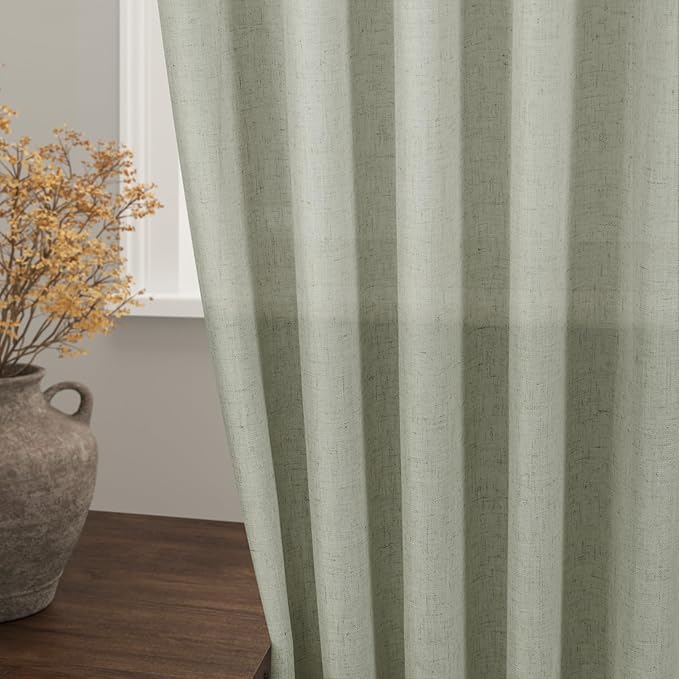 Sage Green Large Window Curtains Light Filtering Semi Sheer Privacy Linen Textured Curtain for Patio Sliding Glass Door Extra Wide Rustic Farmhouse Drapes for Living Room Bedroom Sunroom 100x90 Inch