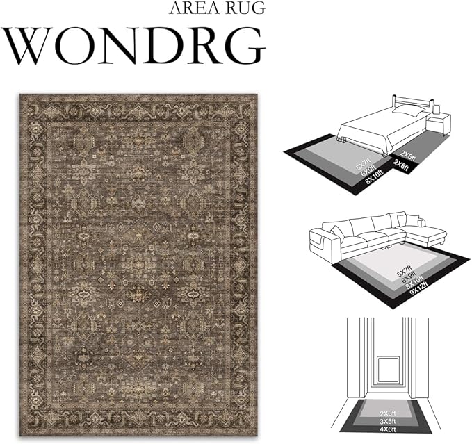 10x14 Washable Area Rug for Living Room Bedroom Vintage Brown Non Slip Carpet Traditional Retro Soft Low Pile Large Throw Rug for Dining Room Kitchen Office Indoor