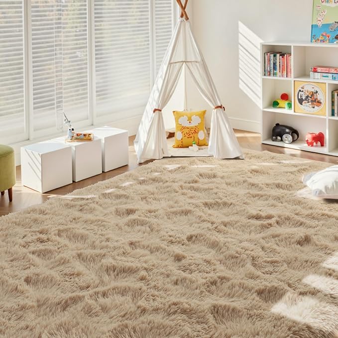 5x7 Ft Shag Beige Rugs for Bedroom Living Room, Ultra Soft Fluffy Furry Area Rugs for Playroom Indoor Floor, Aesthetic Carpet for Kids Home Decor