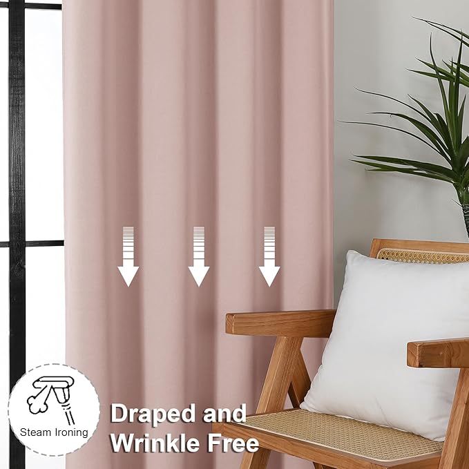 Simplebrand Ava Blackout Curtains for Patio 108 Inches Long 2 Panels Set, Solid Thermal Insulated Room Darkening Rod Pocket Window Treatment Curtains Blackout Drapes, W50 x L108 Inch, Blush