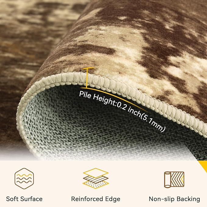 Washable Area Rugs 8'x10' Non-Slip Modern Abstract Soft for Living Room Entryway Bedroom Nursery, Print Pattern, Brown Tan Beige Coffee