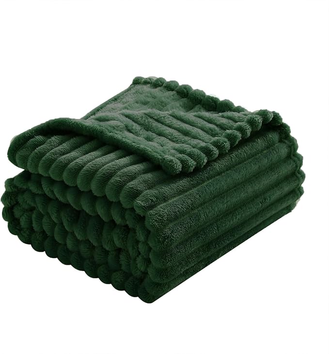 Dark Green Fleece Throw Blanket 50”×70” for Couch Sofa Bed,Super Soft Cozy Plush Microfiber Flannel Blanket with Stripes Design Lightweight for Adults,Woman,Girls