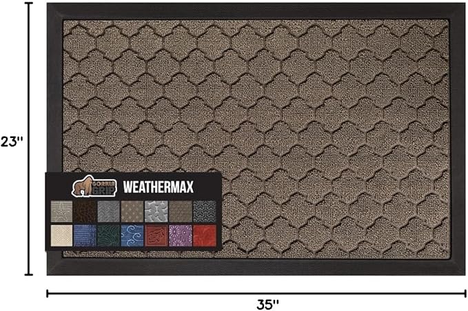 GORILLA GRIP 100% Waterproof All-Season WeatherMAX Doormat 35x23, US Designed Natural Rubber, Stain and Fade Resistant, Low Profile Indoor Outdoor Door Mats, Easy Clean Patio Mat, Latte Quatrefoil