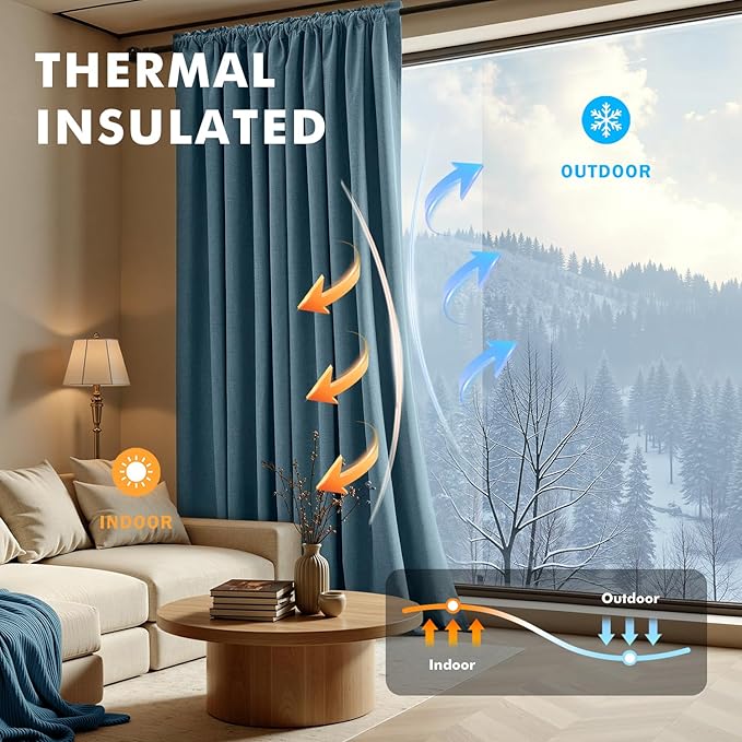MIULEE 100% Blackout Linen Curtains for Bedroom, Stone Blue Solid Luxury Decor Thermal Insulation Room Darkening Drapes for Living Room Nursery Back Tab Rod Pocket 42 x 84 Inches, 2 Panels
