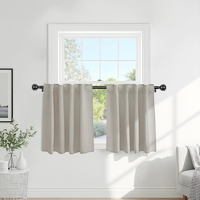 PONY DANCE Blackout Short Cafe Curtains, Privacy Light Block Small Window Curtains for Bedroom Kitchen Basement Dining Classroom, W 29 x L 30 inches, Cream, 2 Panels